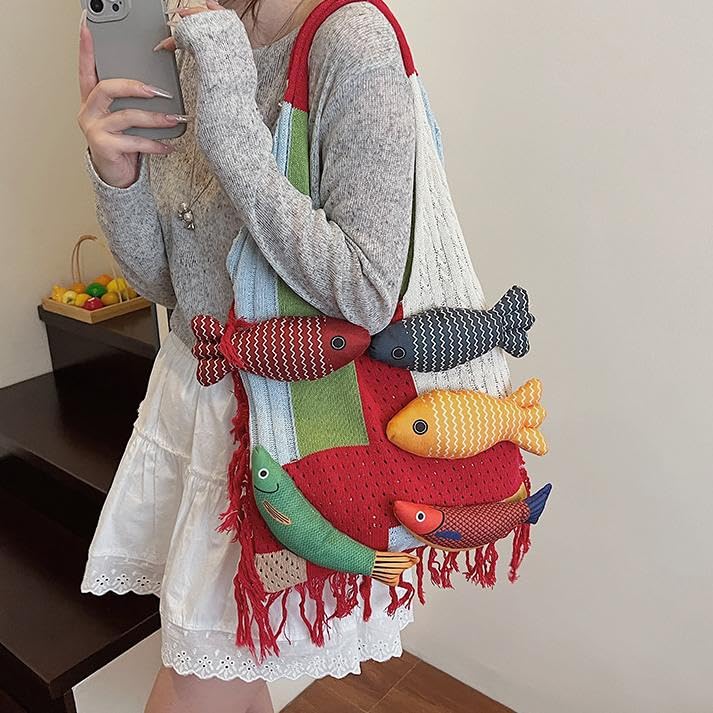 Boho Knit Tote Bag with 3D Fish Applique – Patchwork Shoulder Bag for Women, Beach, Travel & Daily Use – Soft Fringe Design (Red) - Image 3