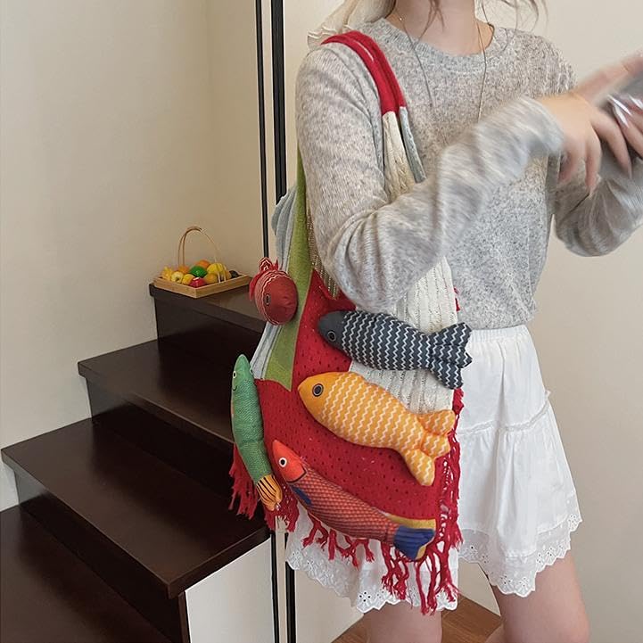 Boho Knit Tote Bag with 3D Fish Applique – Patchwork Shoulder Bag for Women, Beach, Travel & Daily Use – Soft Fringe Design (Red) - Image 4