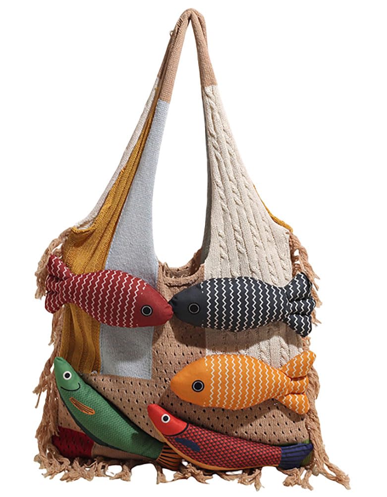 Boho Knit Tote Bag with 3D Fish Applique – Patchwork Shoulder Bag for Women, Beach, Travel & Daily Use – Soft Fringe Design (Khaki) - Image 1