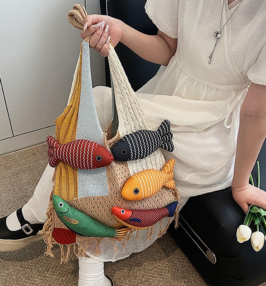 Boho Knit Tote Bag with 3D Fish Applique – Patchwork Shoulder Bag for Women, Beach, Travel & Daily Use – Soft Fringe Design (Khaki) - Image 2