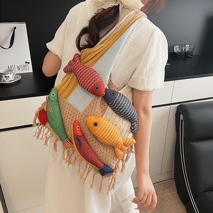 Boho Knit Tote Bag with 3D Fish Applique – Patchwork Shoulder Bag for Women, Beach, Travel & Daily Use – Soft Fringe Design (Khaki) - Image 3