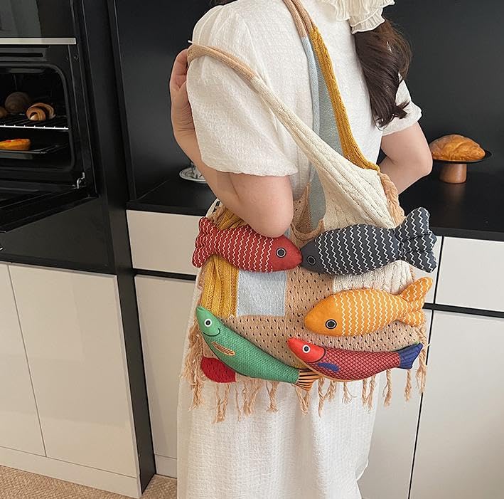 Boho Knit Tote Bag with 3D Fish Applique – Patchwork Shoulder Bag for Women, Beach, Travel & Daily Use – Soft Fringe Design (Khaki) - Image 4