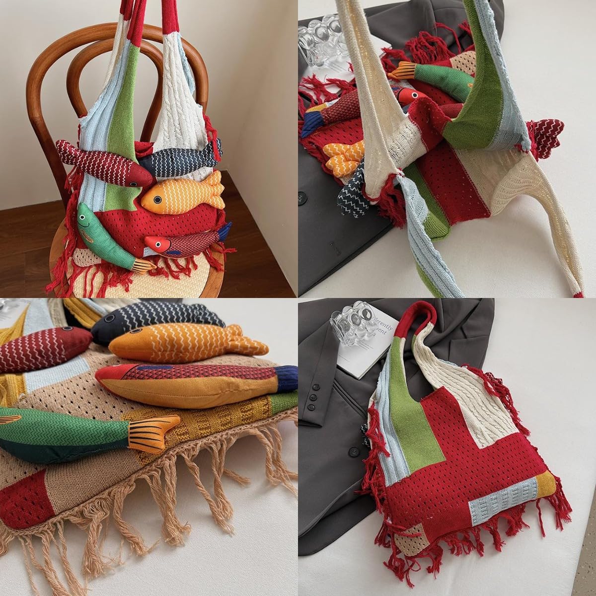 Boho Knit Tote Bag with 3D Fish Applique – Patchwork Shoulder Bag for Women, Beach, Travel & Daily Use – Soft Fringe Design (Khaki) - Image 5