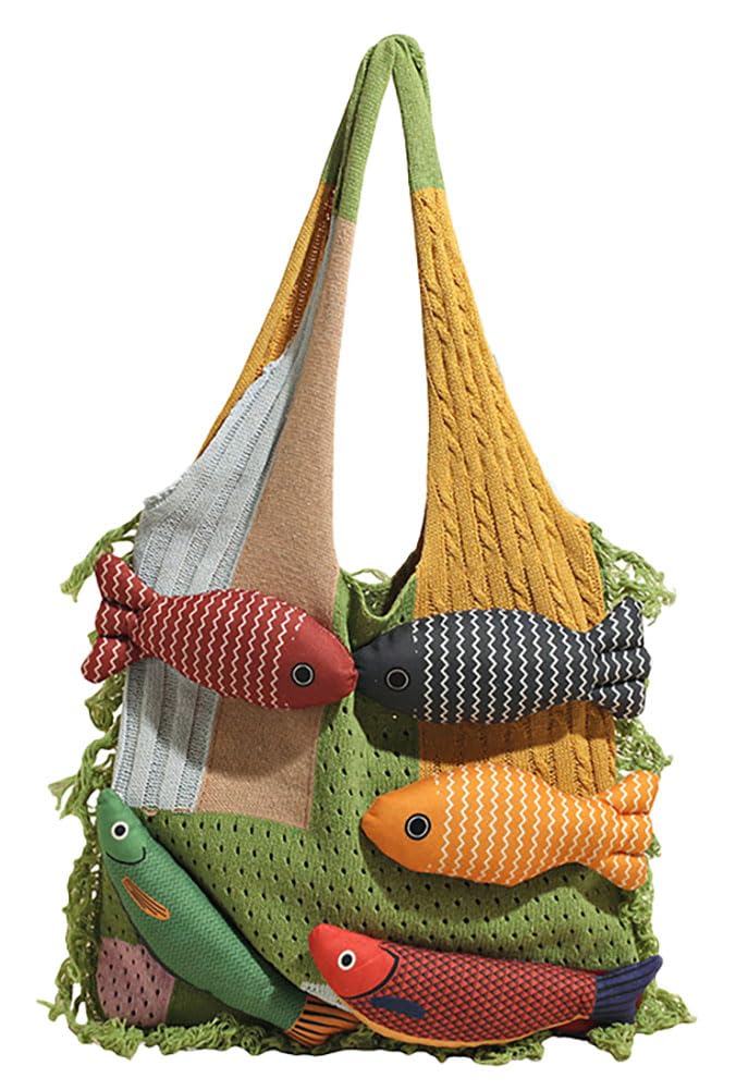 Boho Knit Tote Bag with 3D Fish Applique – Patchwork Shoulder Bag for Women, Beach, Travel & Daily Use – Soft Fringe Design (Green) - Image 1