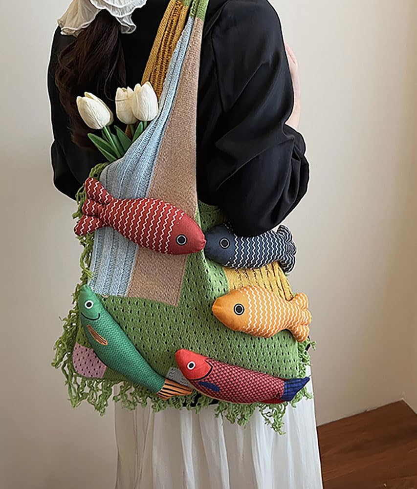 Boho Knit Tote Bag with 3D Fish Applique – Patchwork Shoulder Bag for Women, Beach, Travel & Daily Use – Soft Fringe Design (Green) - Image 2