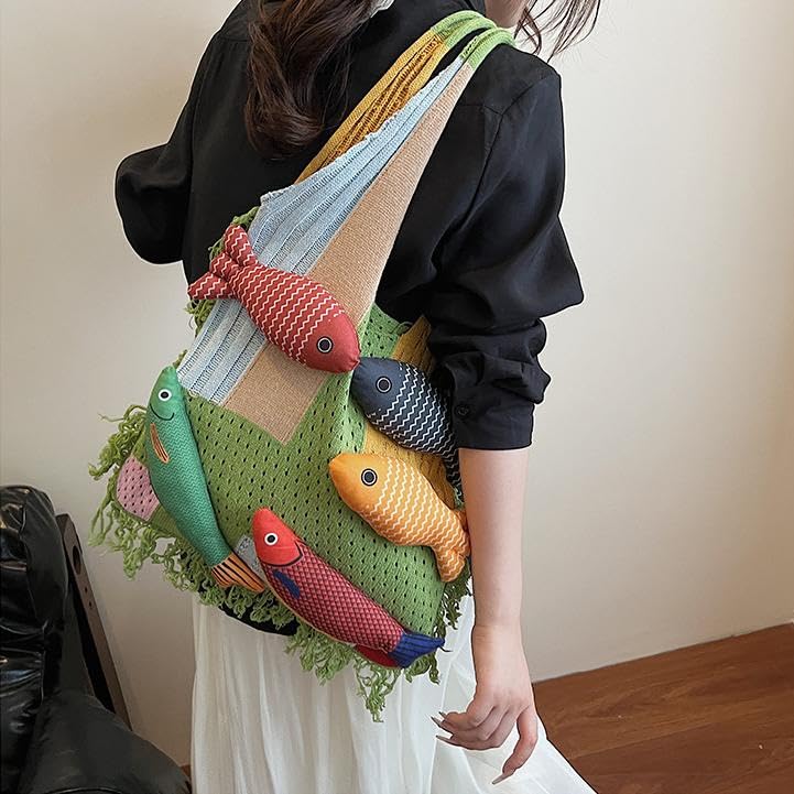 Boho Knit Tote Bag with 3D Fish Applique – Patchwork Shoulder Bag for Women, Beach, Travel & Daily Use – Soft Fringe Design (Green) - Image 3