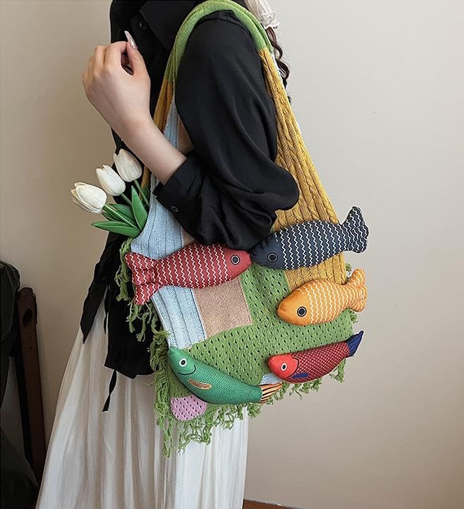 Boho Knit Tote Bag with 3D Fish Applique – Patchwork Shoulder Bag for Women, Beach, Travel & Daily Use – Soft Fringe Design (Green) - Image 4