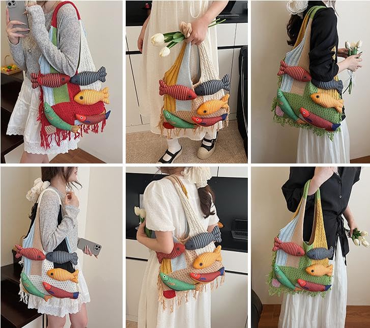 Boho Knit Tote Bag with 3D Fish Applique – Patchwork Shoulder Bag for Women, Beach, Travel & Daily Use – Soft Fringe Design (Green) - Image 7