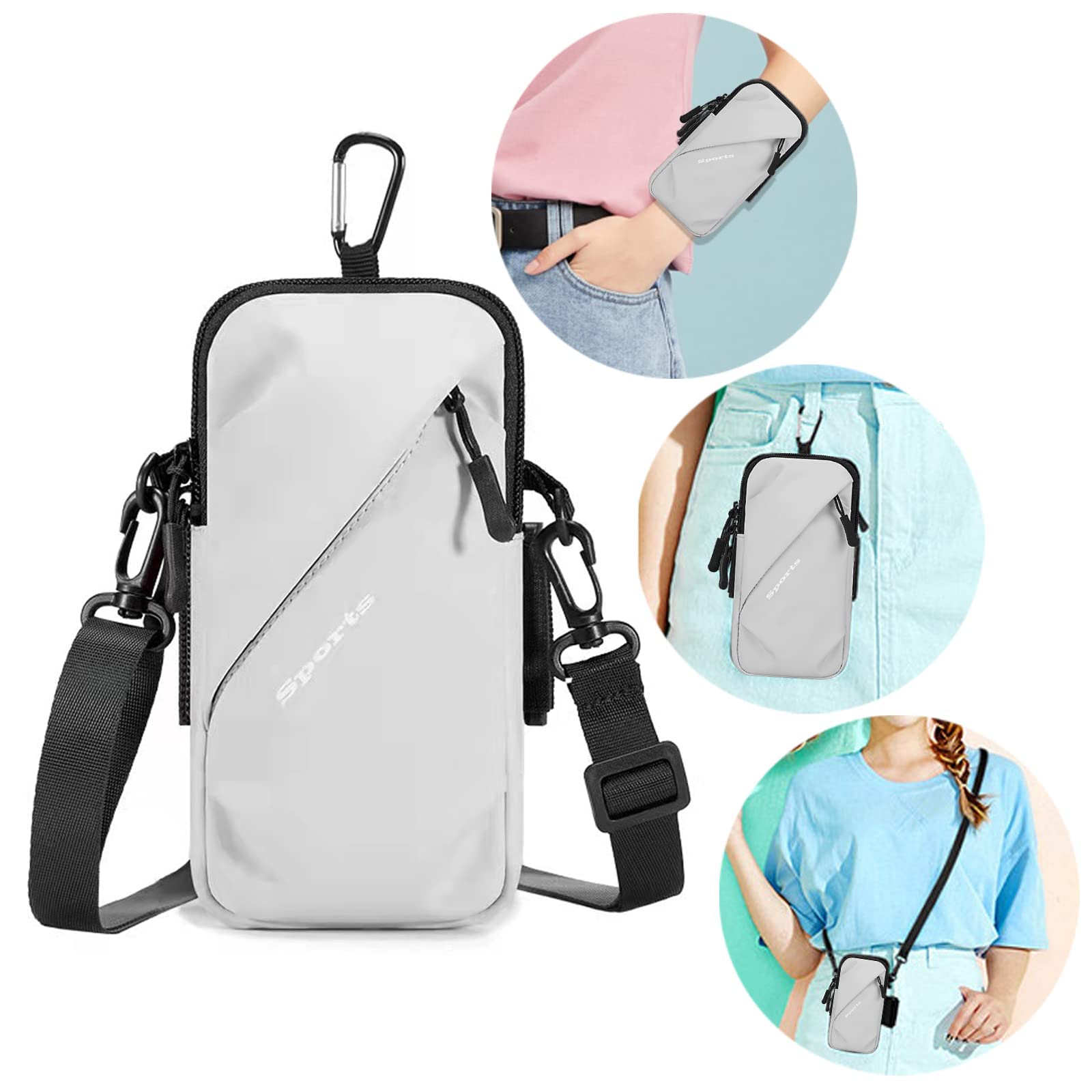 Universal Running Phone Arm Band – Waterproof, Dual Pocket, Adjustable Strap, Breathable Mesh, Fits Phones Up to 6.7 Inches, Crossbody & Waist Clip (Grey) - Image 1