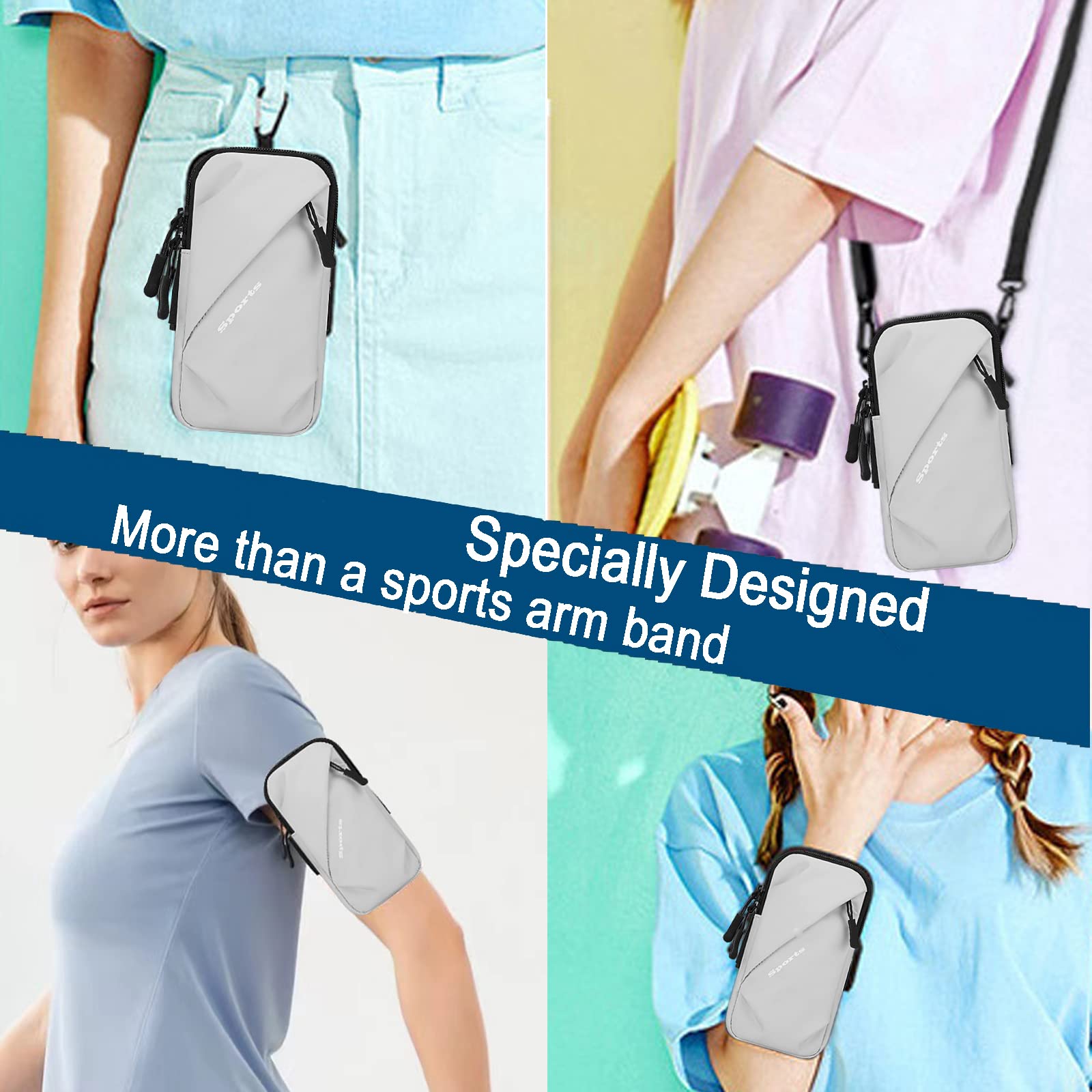 Universal Running Phone Arm Band – Waterproof, Dual Pocket, Adjustable Strap, Breathable Mesh, Fits Phones Up to 6.7 Inches, Crossbody & Waist Clip (Grey) - Image 3