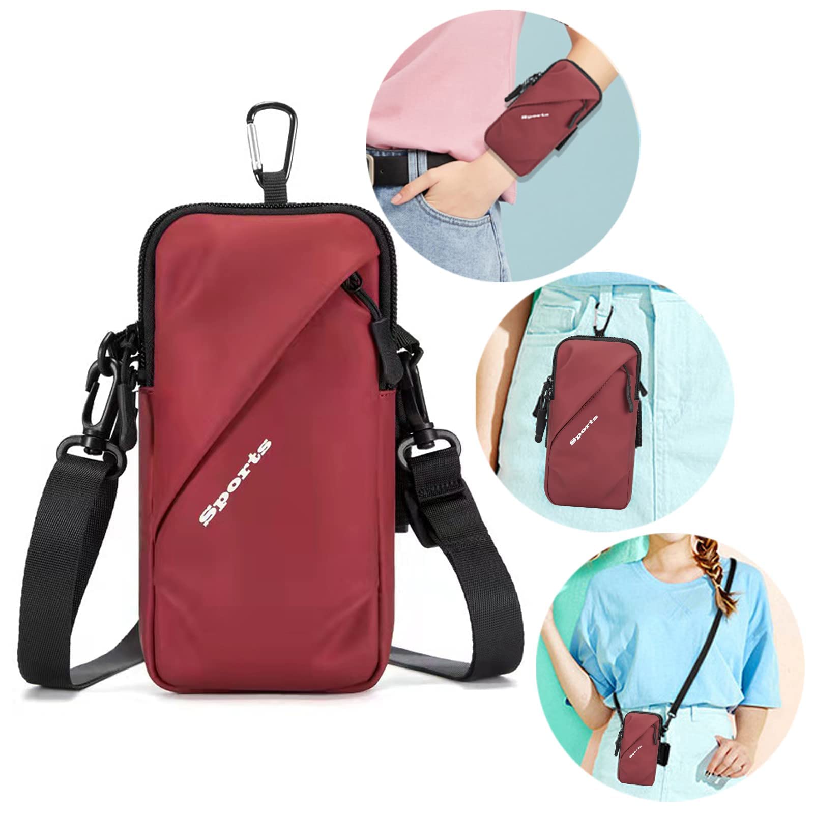 Universal Running Phone Arm Band – Waterproof, Dual Pocket, Adjustable Strap, Breathable Mesh, Fits Phones Up to 6.7 Inches, Crossbody & Waist Clip (Red) - Image 1