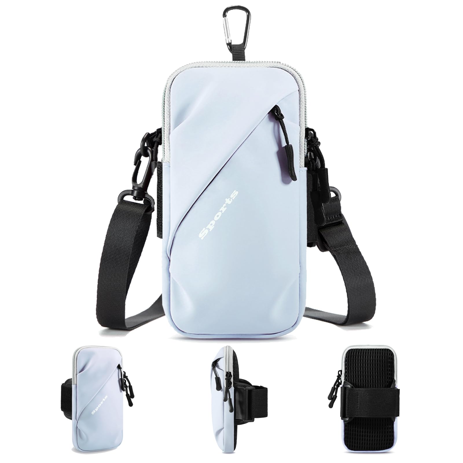 Universal Running Phone Arm Band – Waterproof, Dual Pocket, Adjustable Strap, Breathable Mesh, Fits Phones Up to 6.7 Inches, Crossbody & Waist Clip (Light Blue) - Image 1
