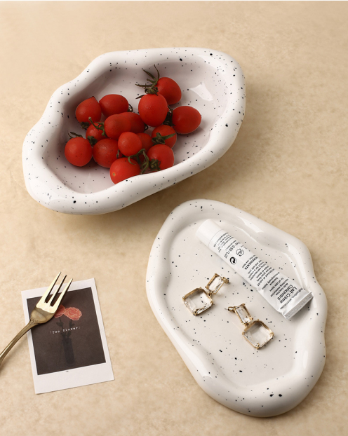 Speckled White Ceramic Tray Set (Round+Long+Irregular) – Jewelry Organizer & Fruit Dish for Home Decor | Other Styles Available in Store - Image 1