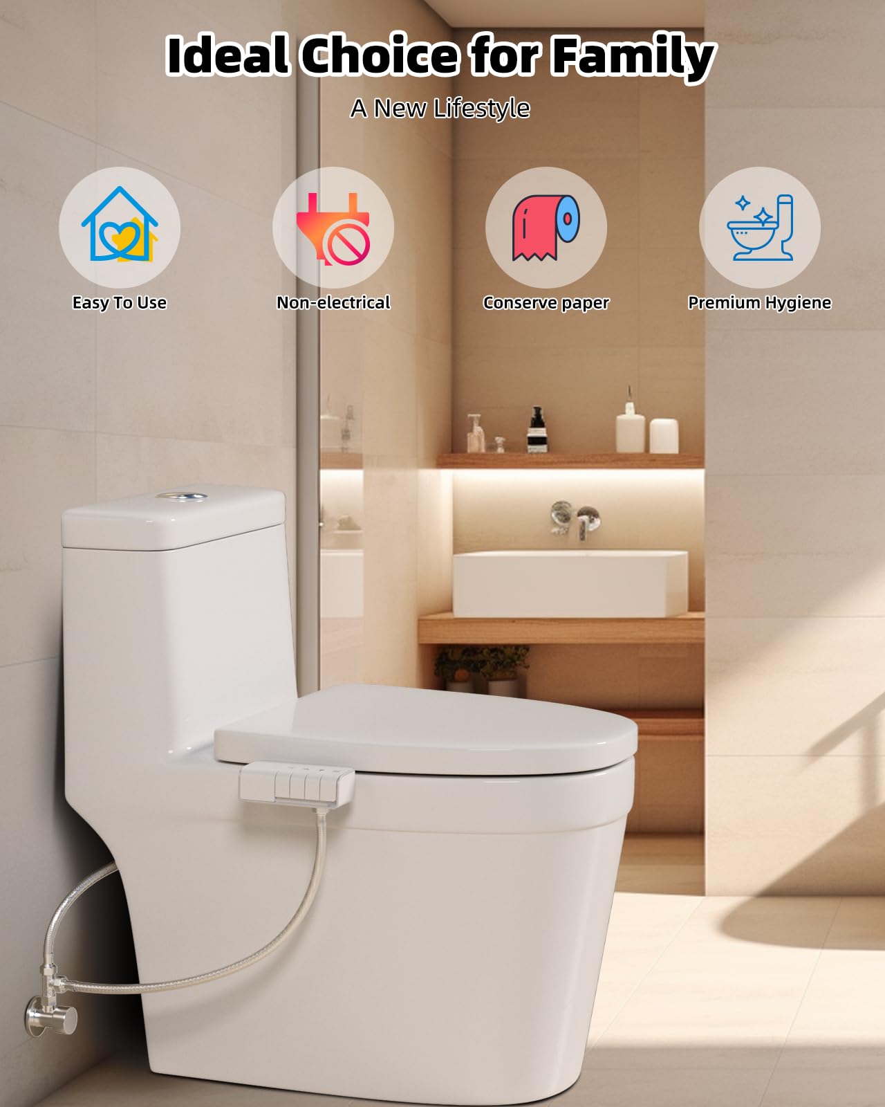 Non-Electric Mechanical Bidet Attachment – Ultra-Slim Dual Nozzle Design with Feminine & Posterior Wash, Adjustable Water Pressure, Self-Cleaning Spray, Brass Inlet, Stainless Steel Hose, Tool-Free Installation for Standard Toilets (White) - Image 4
