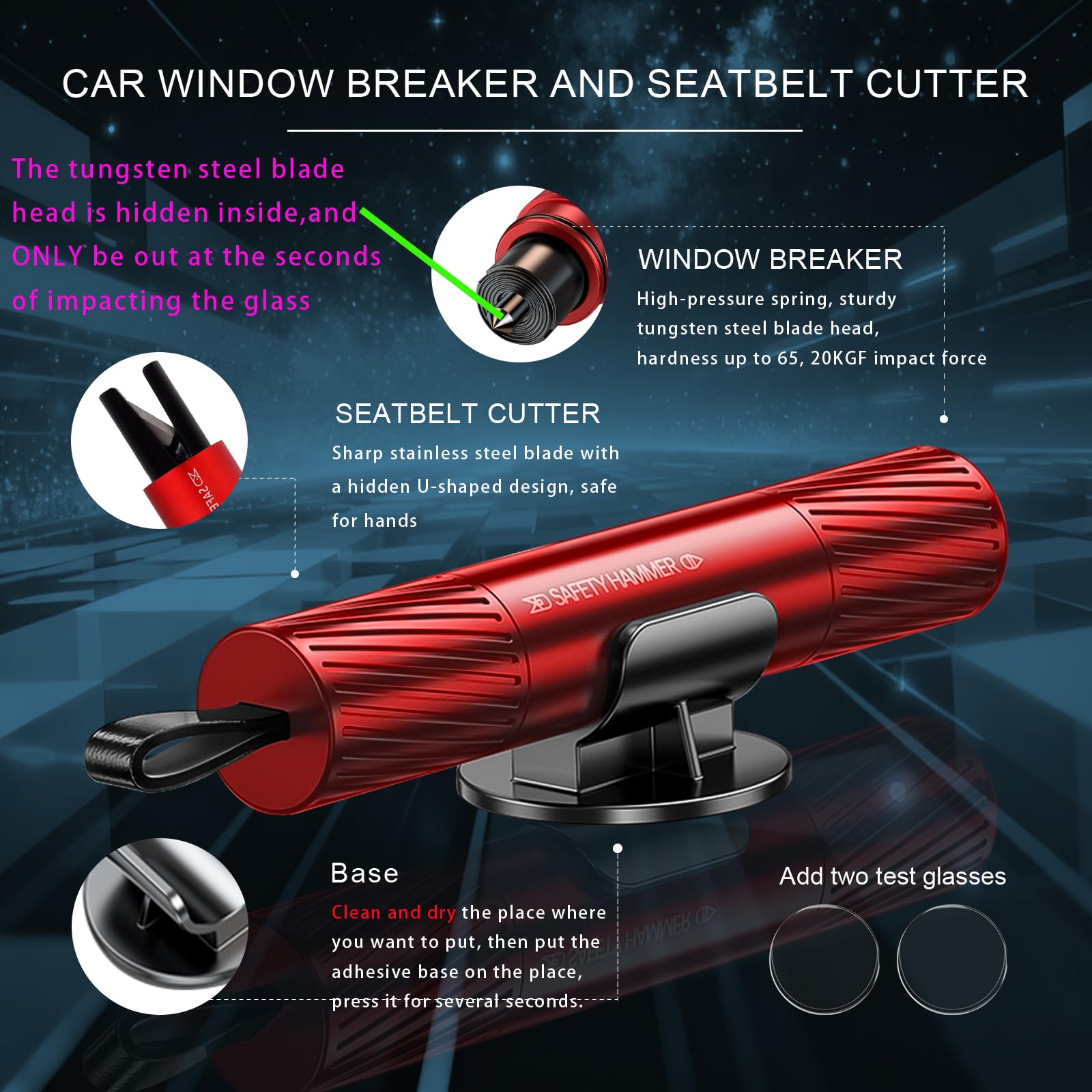 2-Pack Car Emergency Safety Hammer – Dual-Function Window Breaker & Seatbelt Cutter, Tungsten Steel Tip, Aluminum Alloy Body, Compact & Reliable Life-Saving Tool (Red & Black) - Image 2