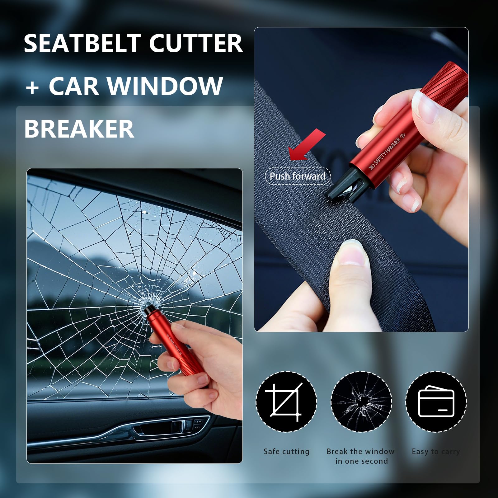 2-Pack Car Emergency Safety Hammer – Dual-Function Window Breaker & Seatbelt Cutter, Tungsten Steel Tip, Aluminum Alloy Body, Compact & Reliable Life-Saving Tool (Red & Black) - Image 6