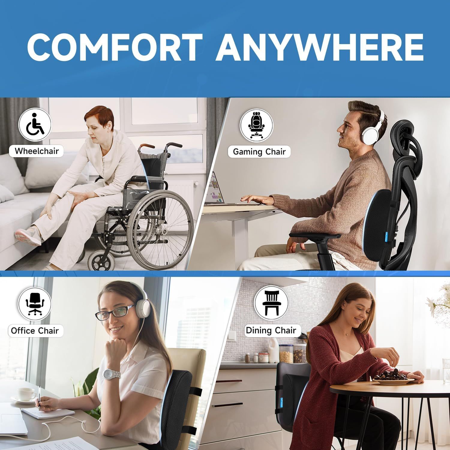 Ergonomic Lumbar Support Cushion with Premium Memory Foam Core, 3D Ventilated Mesh Cover, Dual Adjustable Straps, and Removable Washable Sleeve—Ideal for Office Chairs, Gaming Seats, Cars, and Dining Chairs (Black) - Image 4