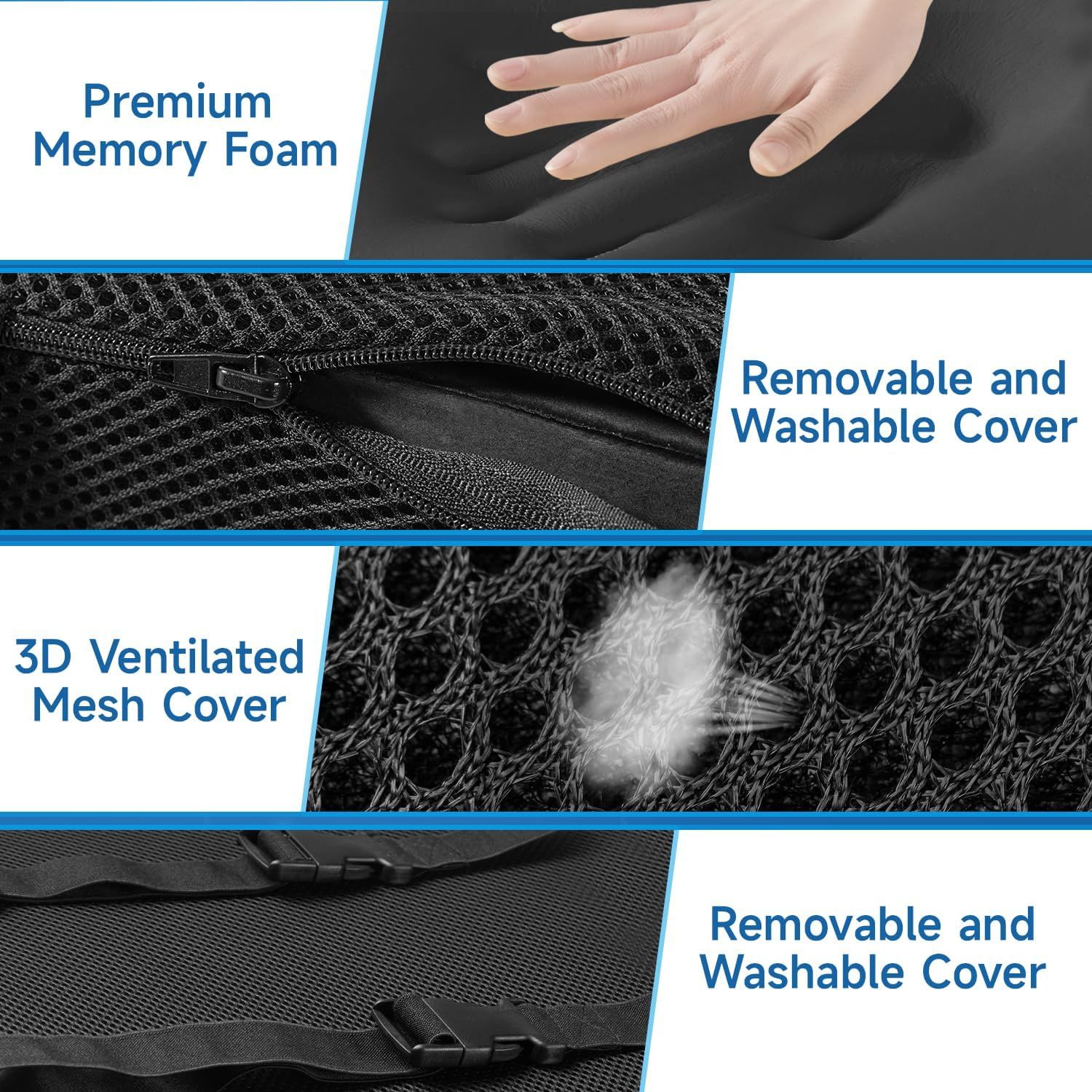 Ergonomic Lumbar Support Cushion with Premium Memory Foam Core, 3D Ventilated Mesh Cover, Dual Adjustable Straps, and Removable Washable Sleeve—Ideal for Office Chairs, Gaming Seats, Cars, and Dining Chairs (Black) - Image 6