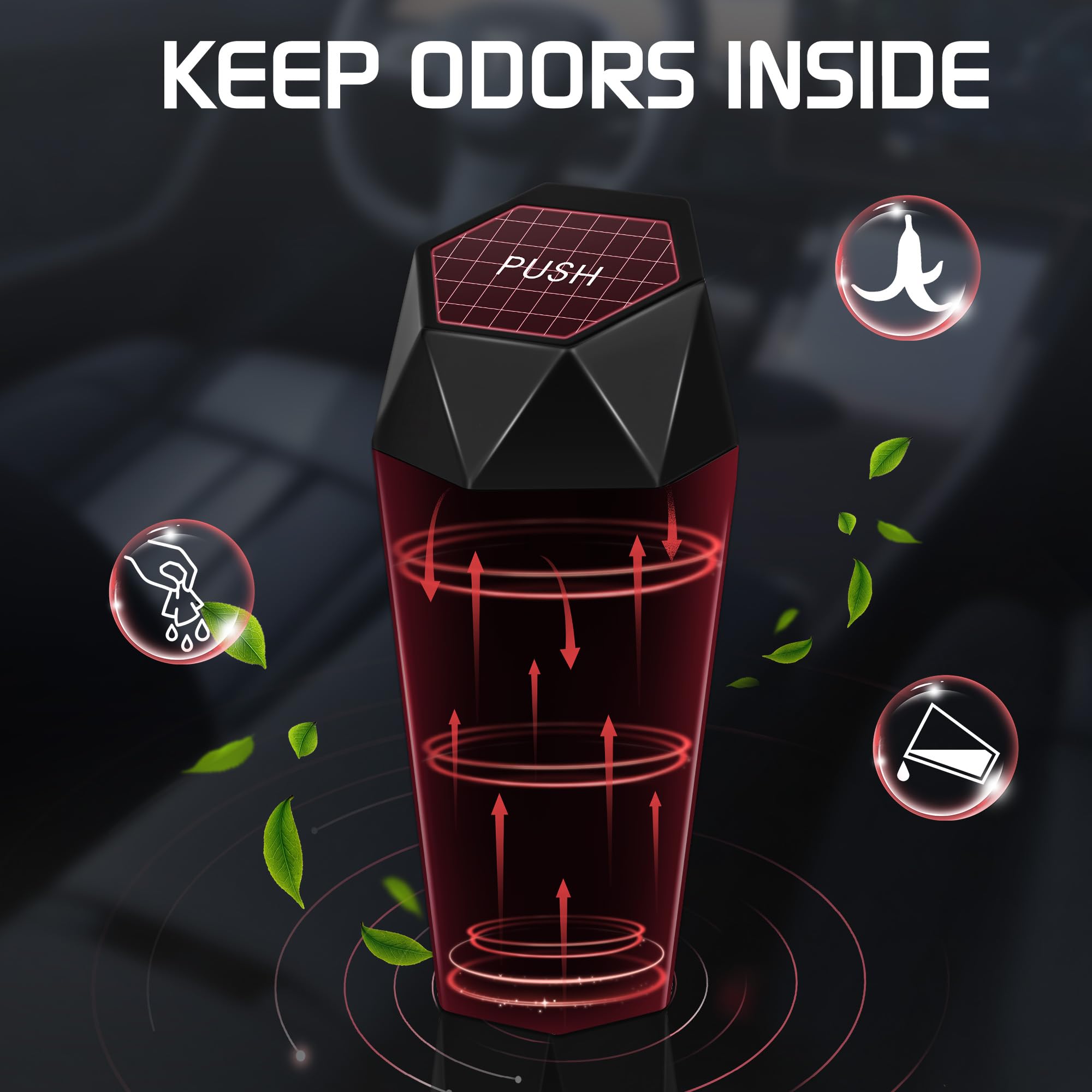 Push-Top Car Trash Can – Compact 600mL Auto-Close Garbage Bin for Cup Holder, Door Pocket & Desk, Waterproof, Leakproof, Sleek Geometric Design (Black) - Image 4