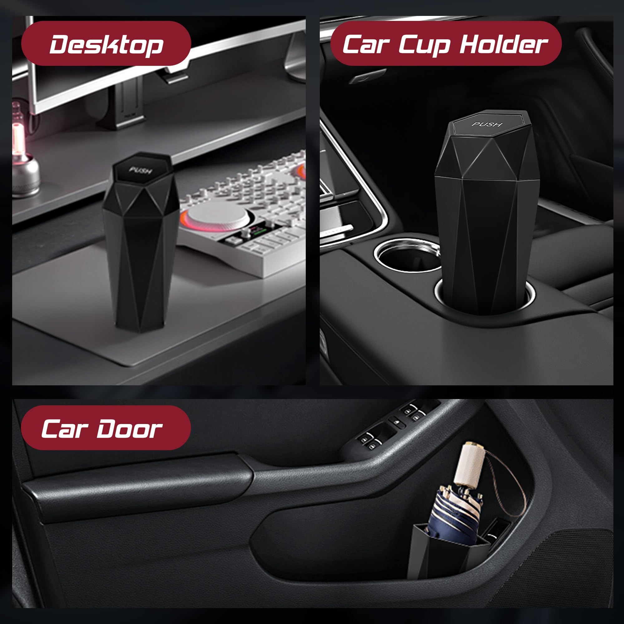 Push-Top Car Trash Can – Compact 600mL Auto-Close Garbage Bin for Cup Holder, Door Pocket & Desk, Waterproof, Leakproof, Sleek Geometric Design (Black) - Image 8
