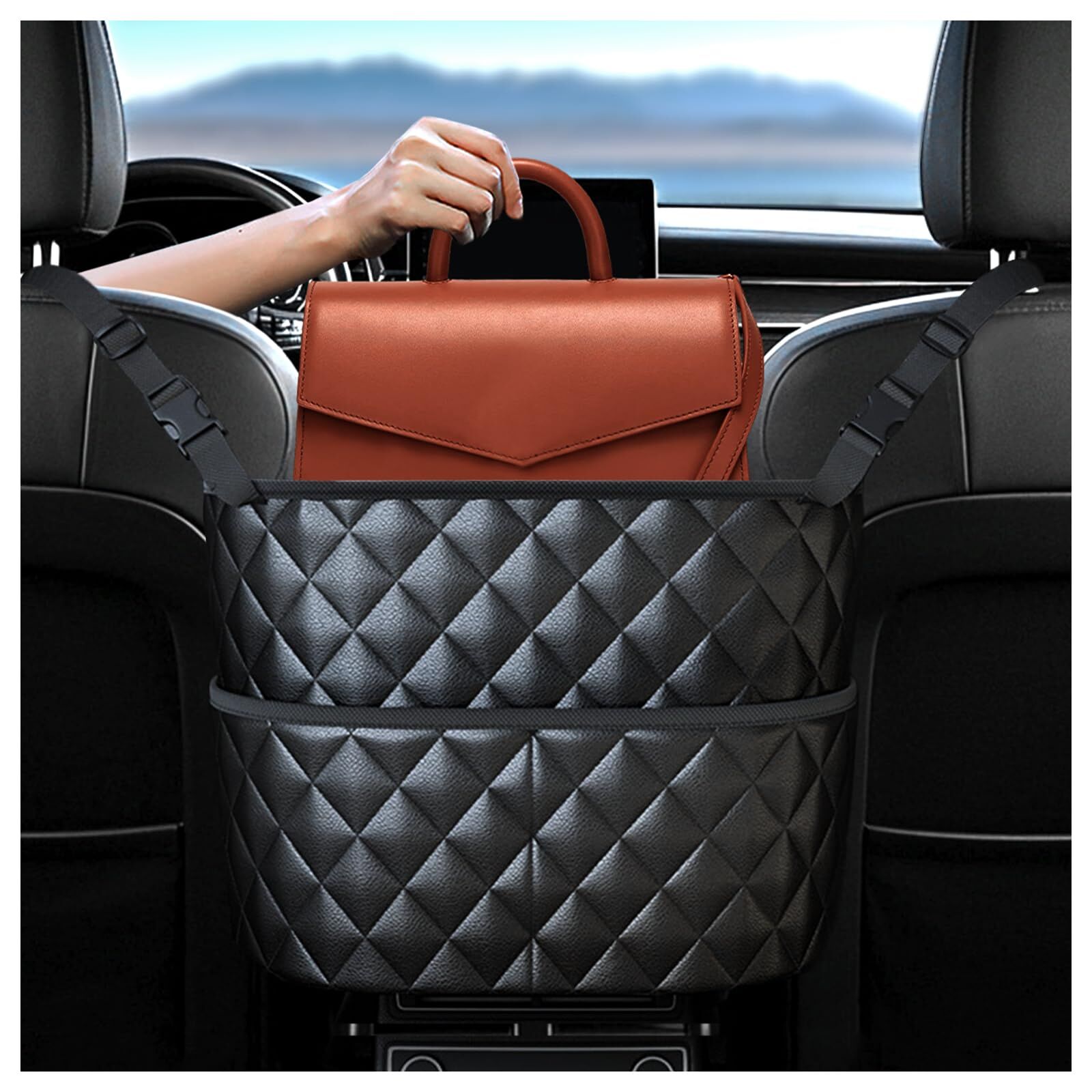 Car Seat Storage Bag: PU Leather Organizer with Hooks – Pet Barrier, Safe Driving Storage for Wallets/Phones (Black) - Image 1