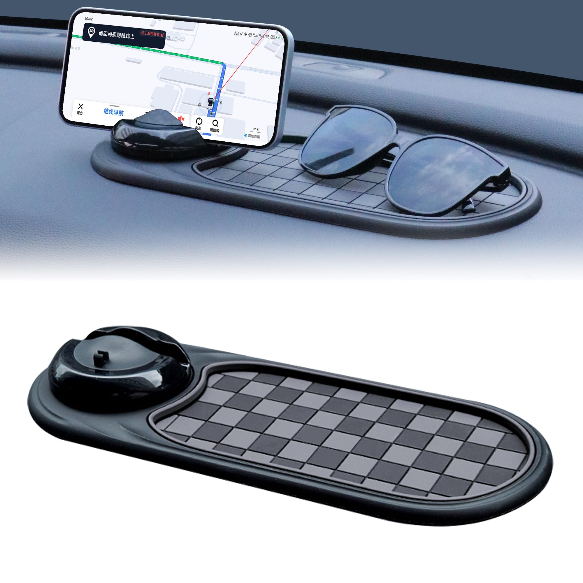 2-in-1 Car Dashboard Anti-Slip Mat with 360° Rotating Phone Holder – Holds Phone, Sunglasses & Keys, Spring-Clamp Grip, Non-Slip Silicone, Universal Fit (Grey- Black) - Image 1