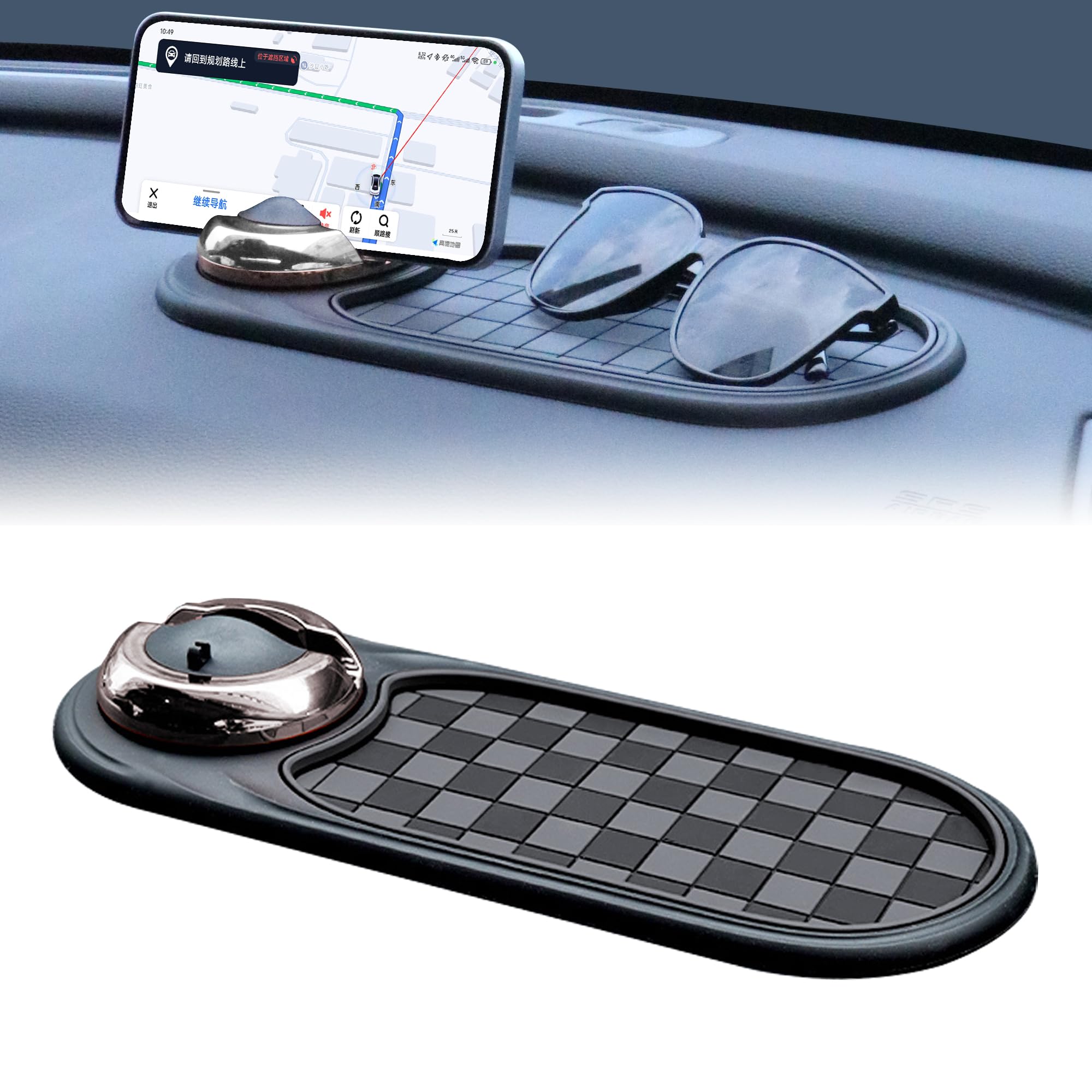 2-in-1 Car Dashboard Anti-Slip Mat with 360° Rotating Phone Holder – Holds Phone, Sunglasses & Keys, Spring-Clamp Grip, Non-Slip Silicone, Universal Fit (Grey- Silver) - Image 1