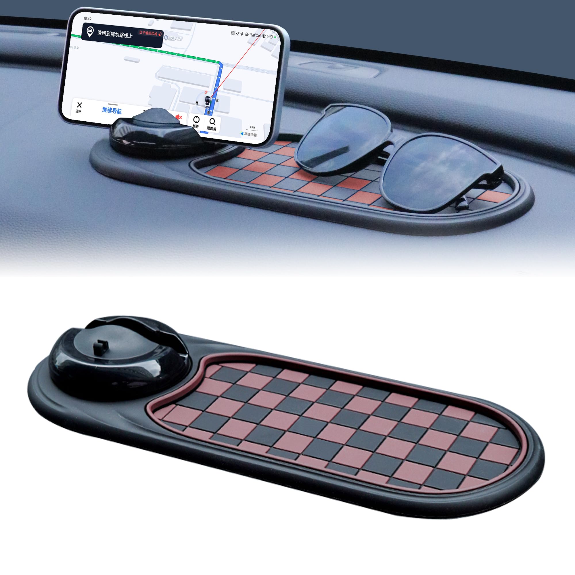 2-in-1 Car Dashboard Anti-Slip Mat with 360° Rotating Phone Holder – Holds Phone, Sunglasses & Keys, Spring-Clamp Grip, Non-Slip Silicone, Universal Fit (Brown- Black) - Image 1