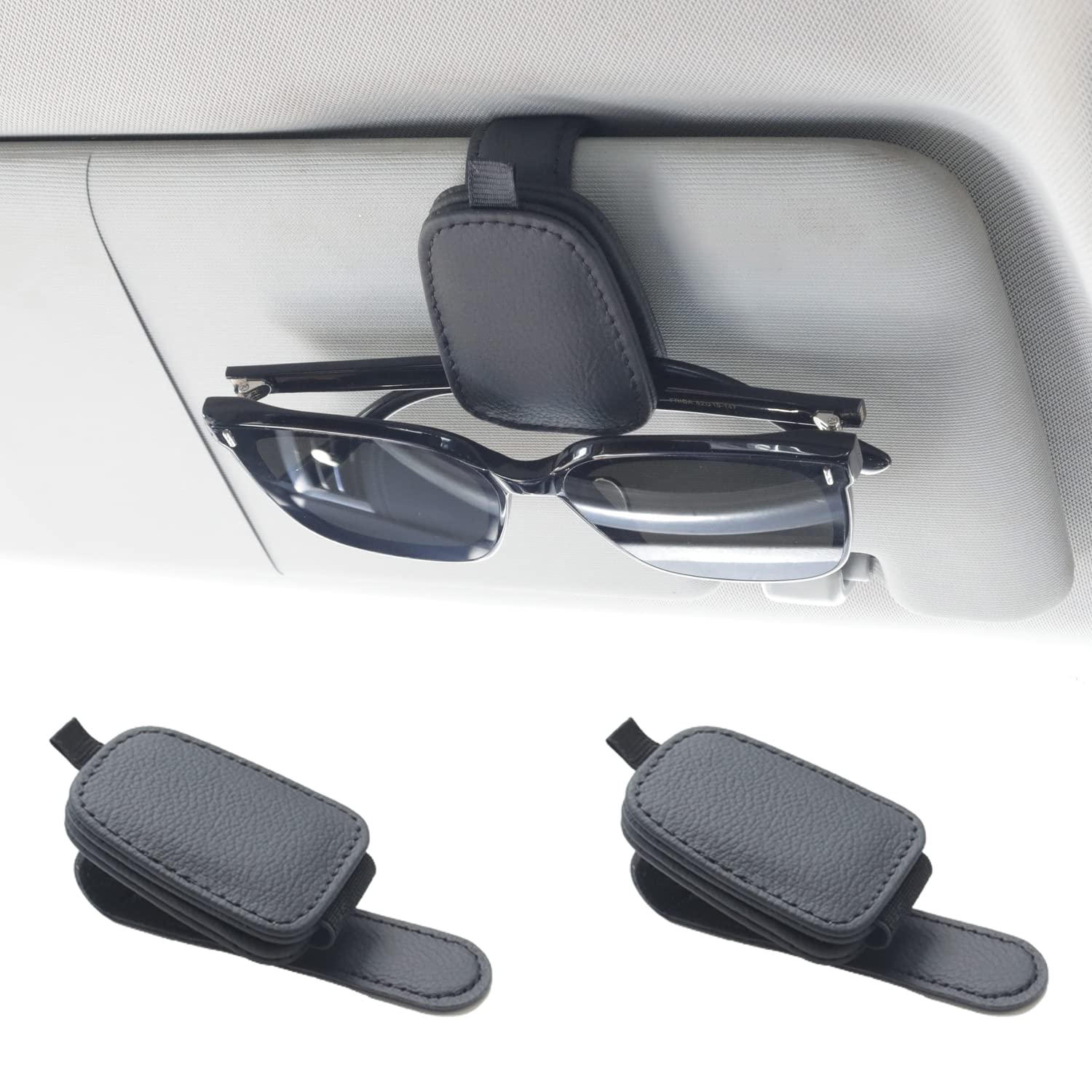 2-Pack Car Sun Visor Sunglasses Holder – Magnetic Flip Cover, PU Leather Eyewear & Card Organizer, Easy One-Hand Open, Scratch-Free, Universal Fit for All Vehicles (Black) - Image 1