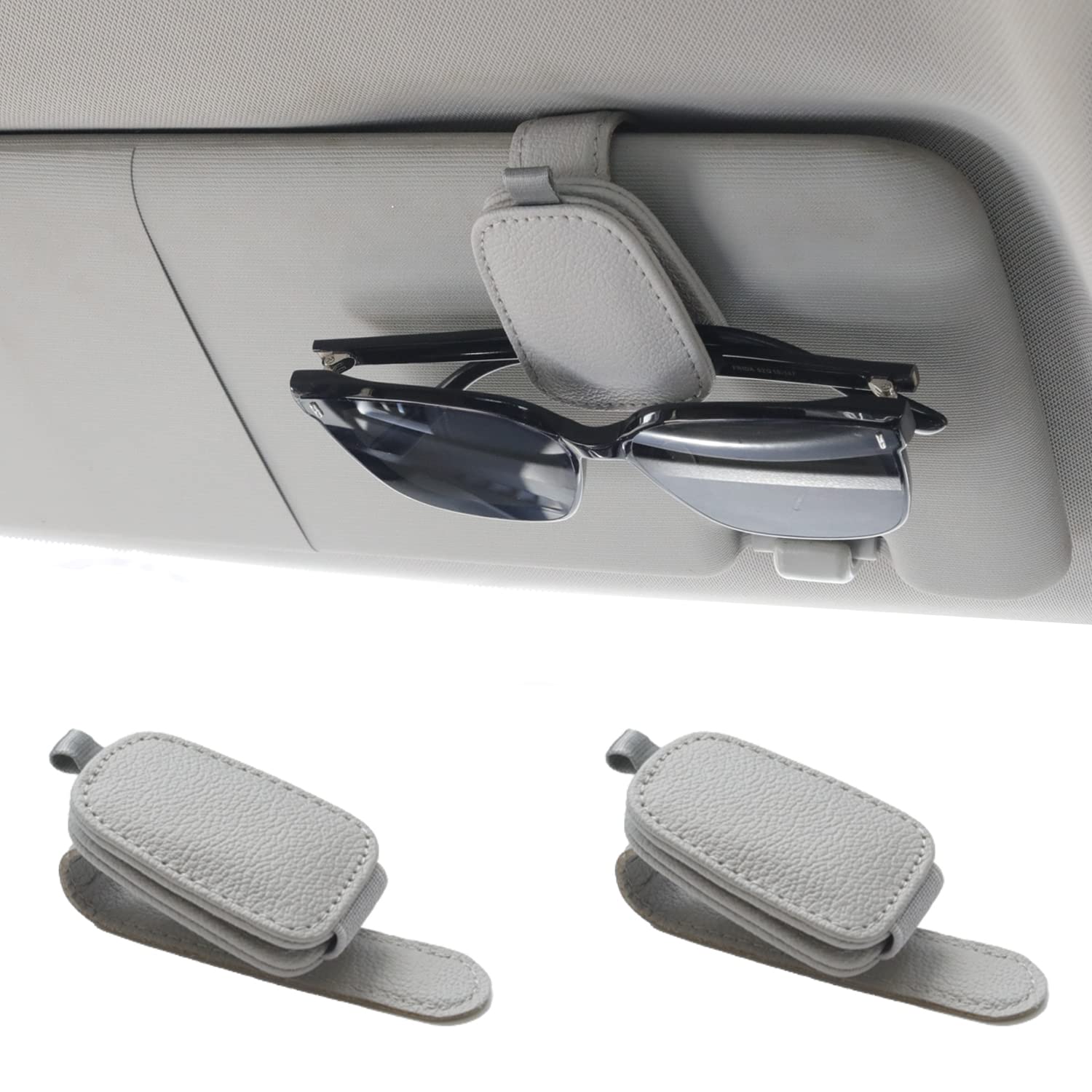 2-Pack Car Sun Visor Sunglasses Holder – Magnetic Flip Cover, PU Leather Eyewear & Card Organizer, Easy One-Hand Open, Scratch-Free, Universal Fit for All Vehicles (Grey) - Image 1