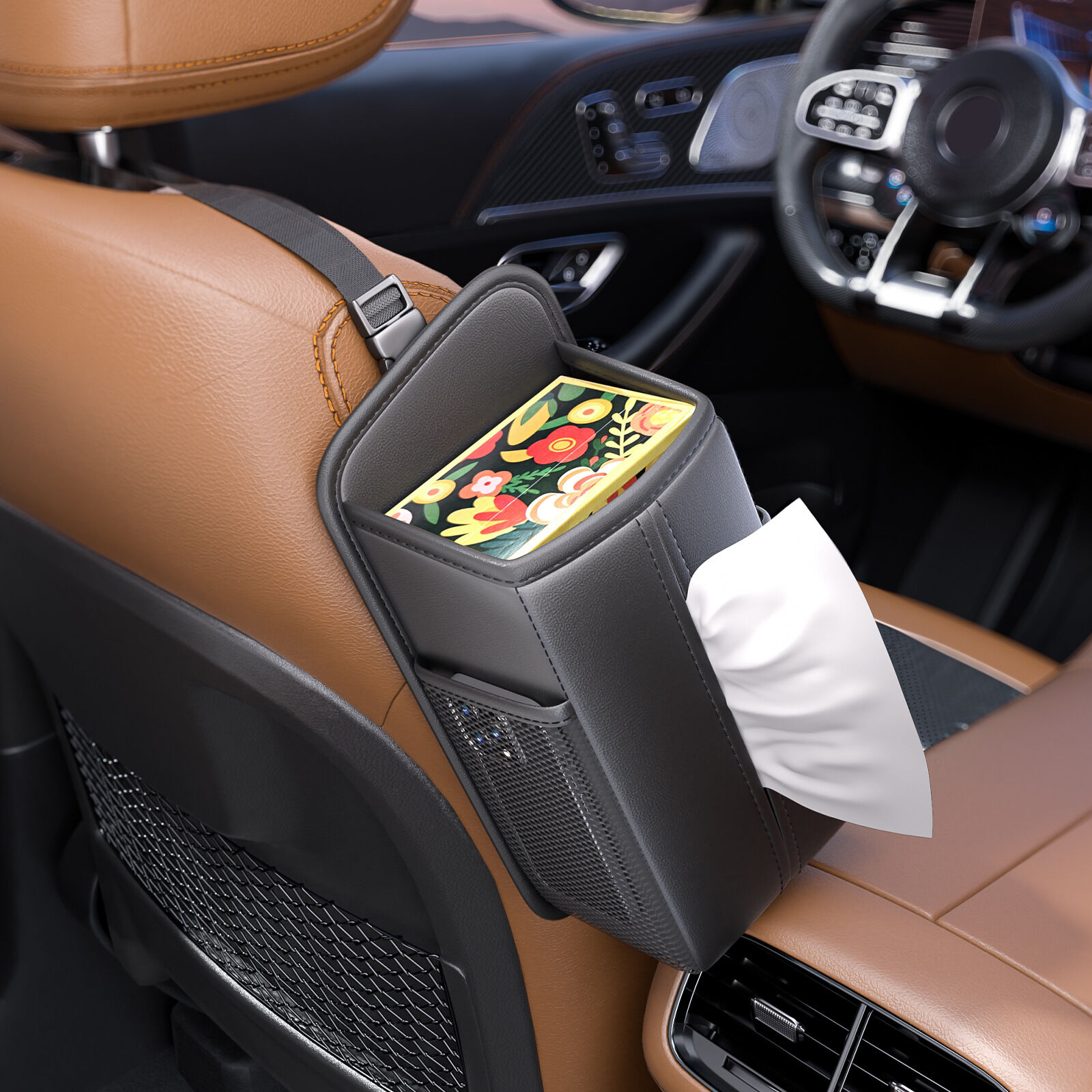 Car Seat Storage Organizer: Side-Mount Tissue Holder with Mesh Pockets – Waterproof Cup/Wallet Organizer for Cars/SUVs (Black) - Image 1