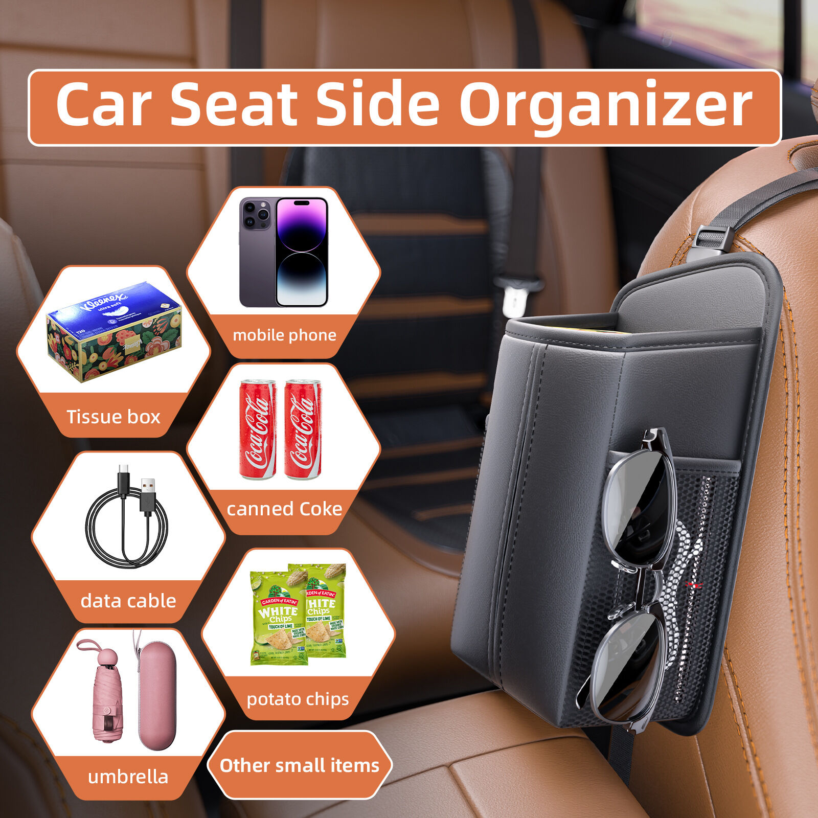 Car Seat Storage Organizer: Side-Mount Tissue Holder with Mesh Pockets – Waterproof Cup/Wallet Organizer for Cars/SUVs (Black) - Image 5