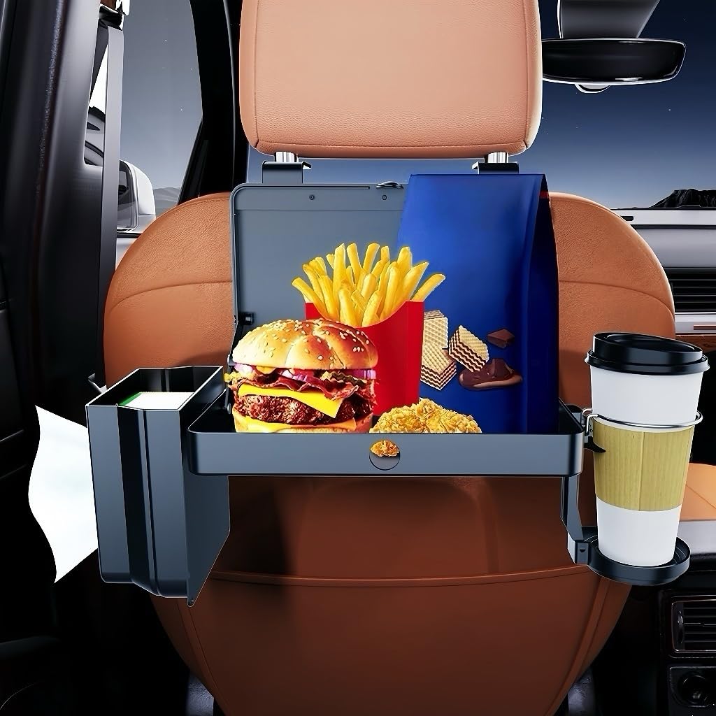 Car Backseat Tray Table – Foldable & Adjustable Multi-Functional Travel Desk with Cup Holder, Snack Tray, Tissue Box Compartment, Phone Stand, and Headrest Mount; Durable ABS Design for Kids, Adults, and Families (Black) - Image 1