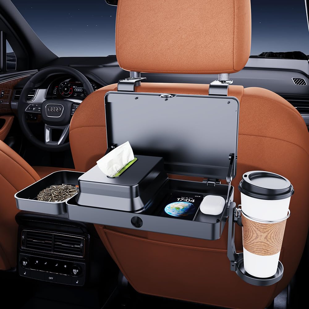 Car Backseat Tray Table – Foldable & Adjustable Multi-Functional Travel Desk with Cup Holder, Snack Tray, Tissue Box Compartment, Phone Stand, and Headrest Mount; Durable ABS Design for Kids, Adults, and Families (Black) - Image 3
