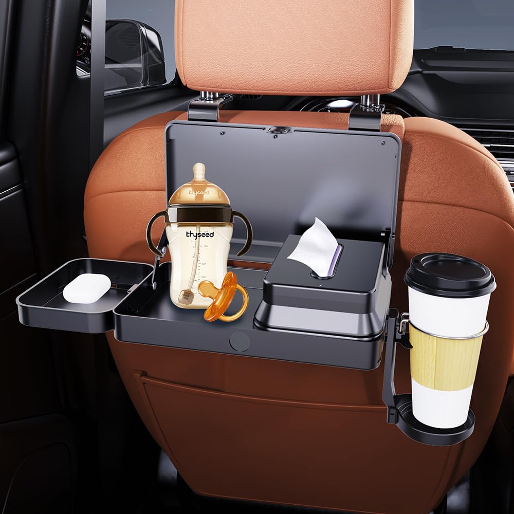 Car Backseat Tray Table – Foldable & Adjustable Multi-Functional Travel Desk with Cup Holder, Snack Tray, Tissue Box Compartment, Phone Stand, and Headrest Mount; Durable ABS Design for Kids, Adults, and Families (Black) - Image 5