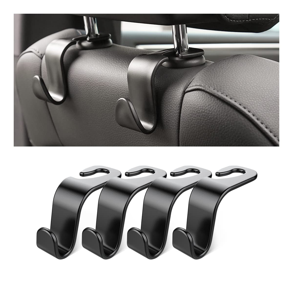 4-Pack Car Headrest Hooks – Heavy-Duty Seat Back Organizers for Handbags, Groceries, Coats & More, Universal Fit, No Tools Needed, Strong & Silent Design (Black) - Image 1