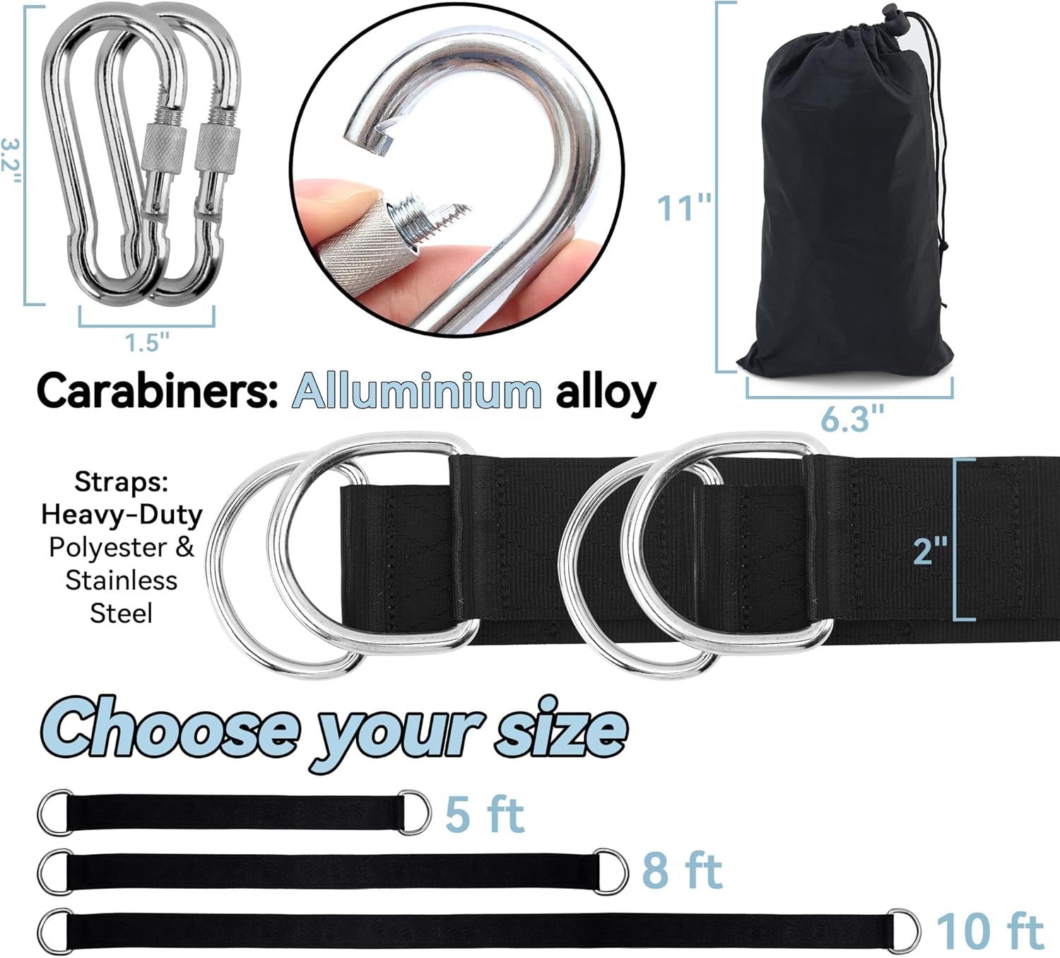 5ft Heavy-Duty Tree Swing Straps Kit – 2000lb Capacity, Includes Carabiners & Felt Protectors for Kids’ Backyard Swings (Black) - Image 2