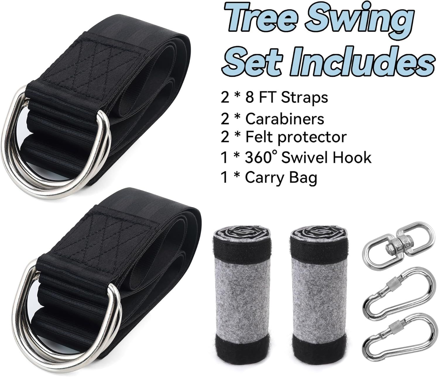 5ft Heavy-Duty Tree Swing Straps Kit – 2000lb Capacity, Includes Carabiners & Felt Protectors for Kids’ Backyard Swings (Black) - Image 3