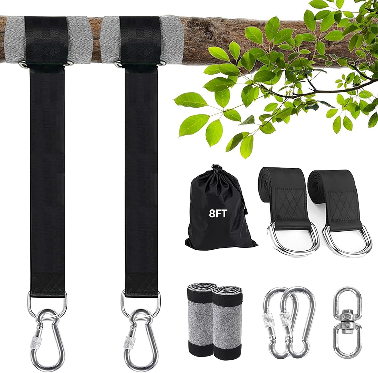 8ft Premium Polyester Swing Straps Set – 3000lb Load Rating, with Locking Carabiners & Tree Guards for Family Hammocks & Outdoor Play (Black) - Image 1