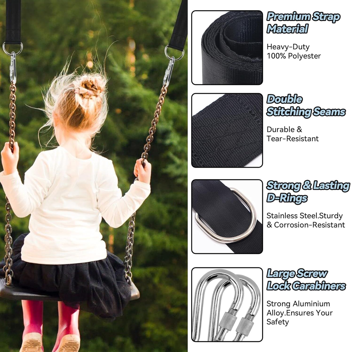 8ft Premium Polyester Swing Straps Set – 3000lb Load Rating, with Locking Carabiners & Tree Guards for Family Hammocks & Outdoor Play (Black) - Image 4