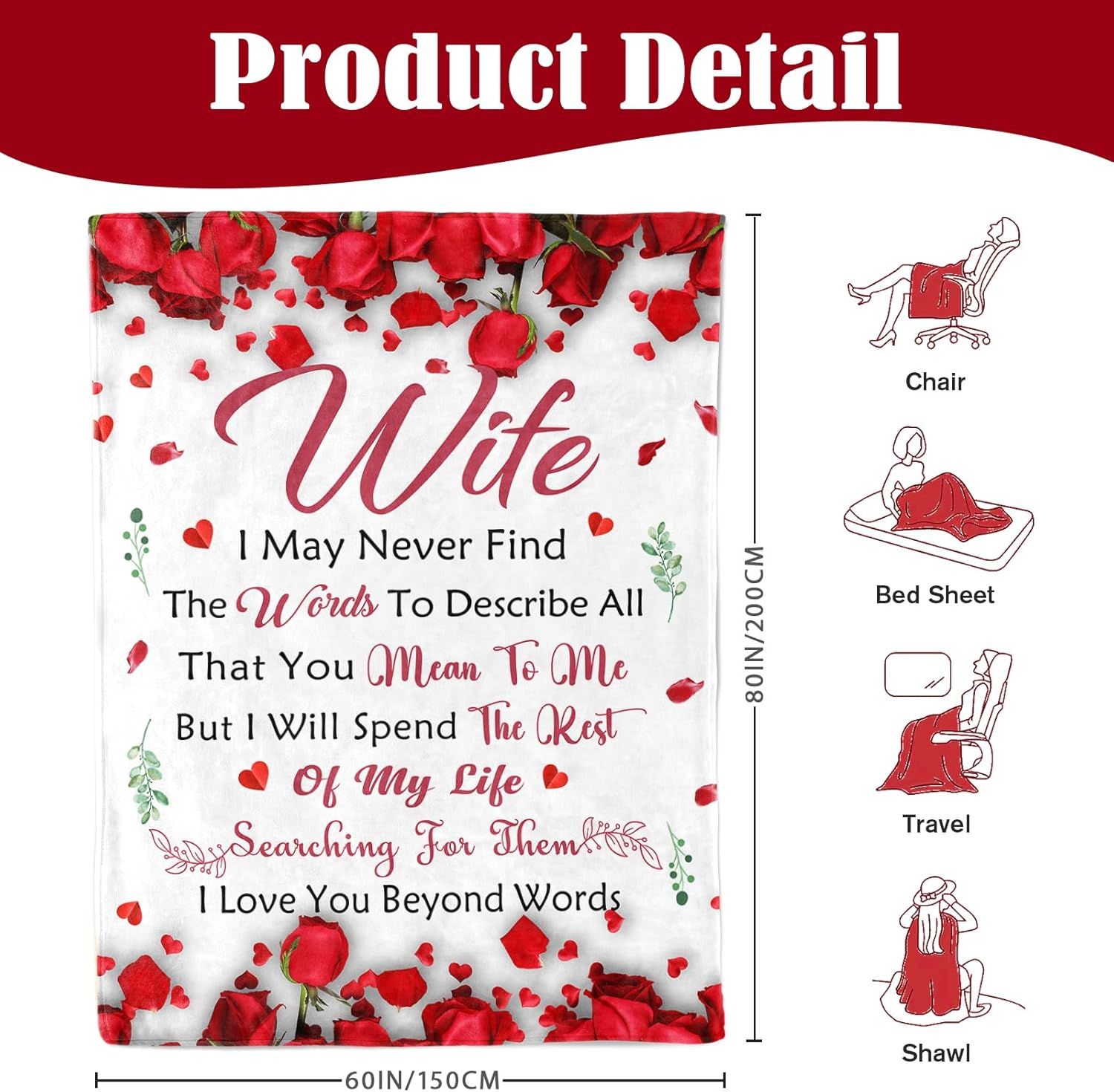 Romantic Rose Print Fleece Blanket for Wife, Soft Cozy Throw for Valentine’s Day Anniversary Christmas Gift, Warm Snuggle Blanket with Love Message (60”*80”) - Image 5