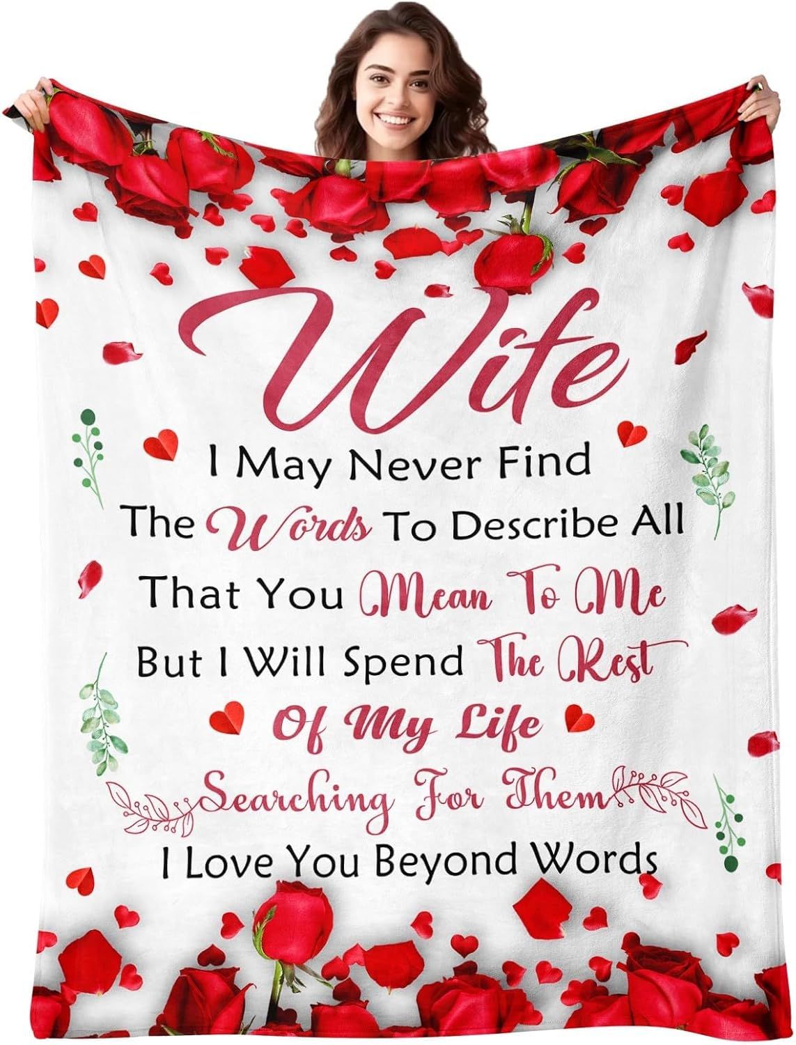 Romantic Rose Print Fleece Blanket for Wife, Soft Cozy Throw for Valentine’s Day Anniversary Christmas Gift, Warm Snuggle Blanket with Love Message (50”*60”) - Image 1