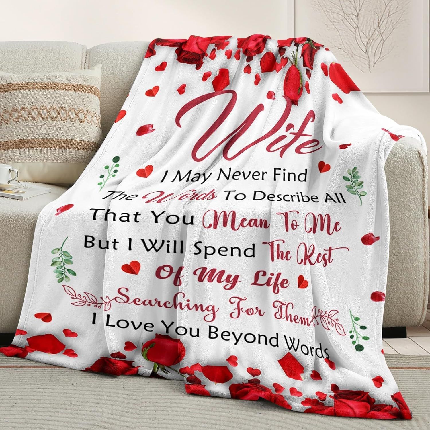Romantic Rose Print Fleece Blanket for Wife, Soft Cozy Throw for Valentine’s Day Anniversary Christmas Gift, Warm Snuggle Blanket with Love Message (50”*60”) - Image 4
