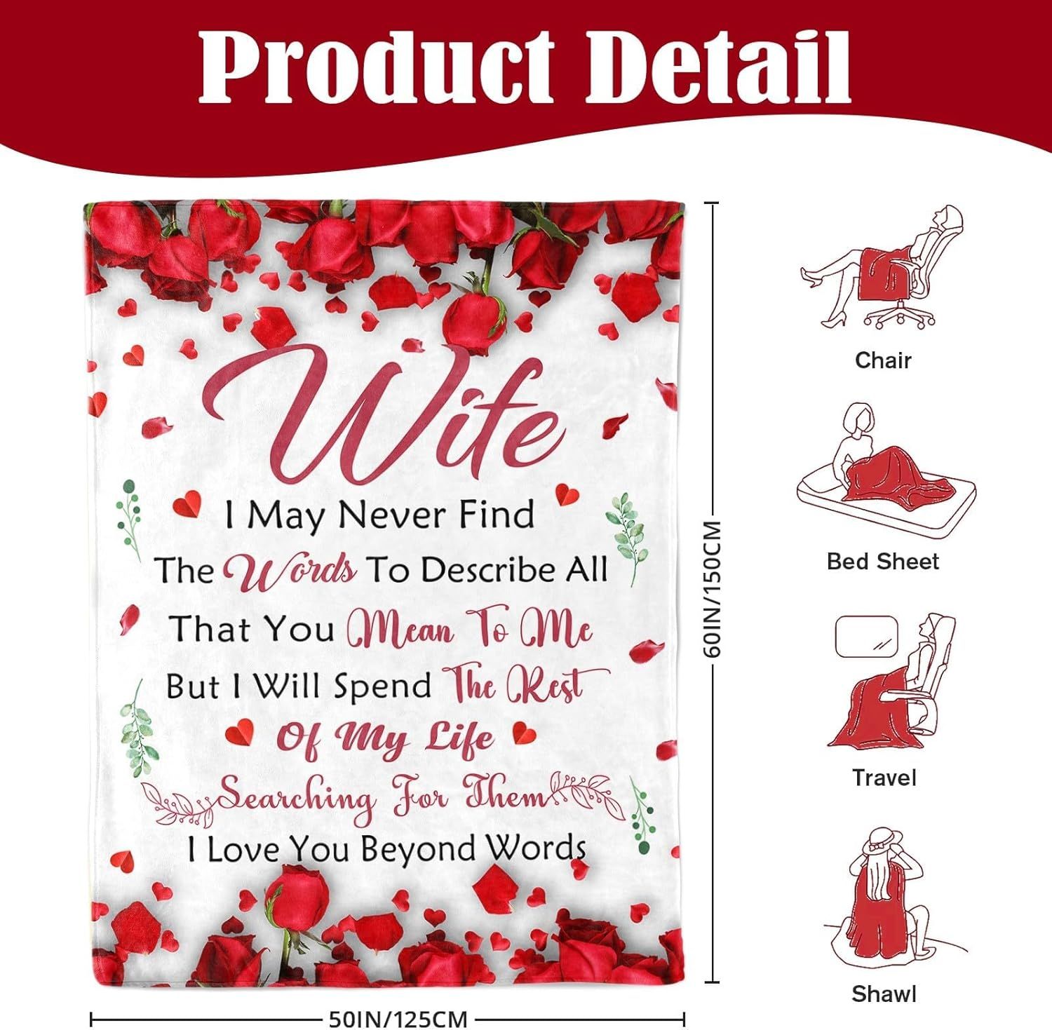 Romantic Rose Print Fleece Blanket for Wife, Soft Cozy Throw for Valentine’s Day Anniversary Christmas Gift, Warm Snuggle Blanket with Love Message (50”*60”) - Image 5