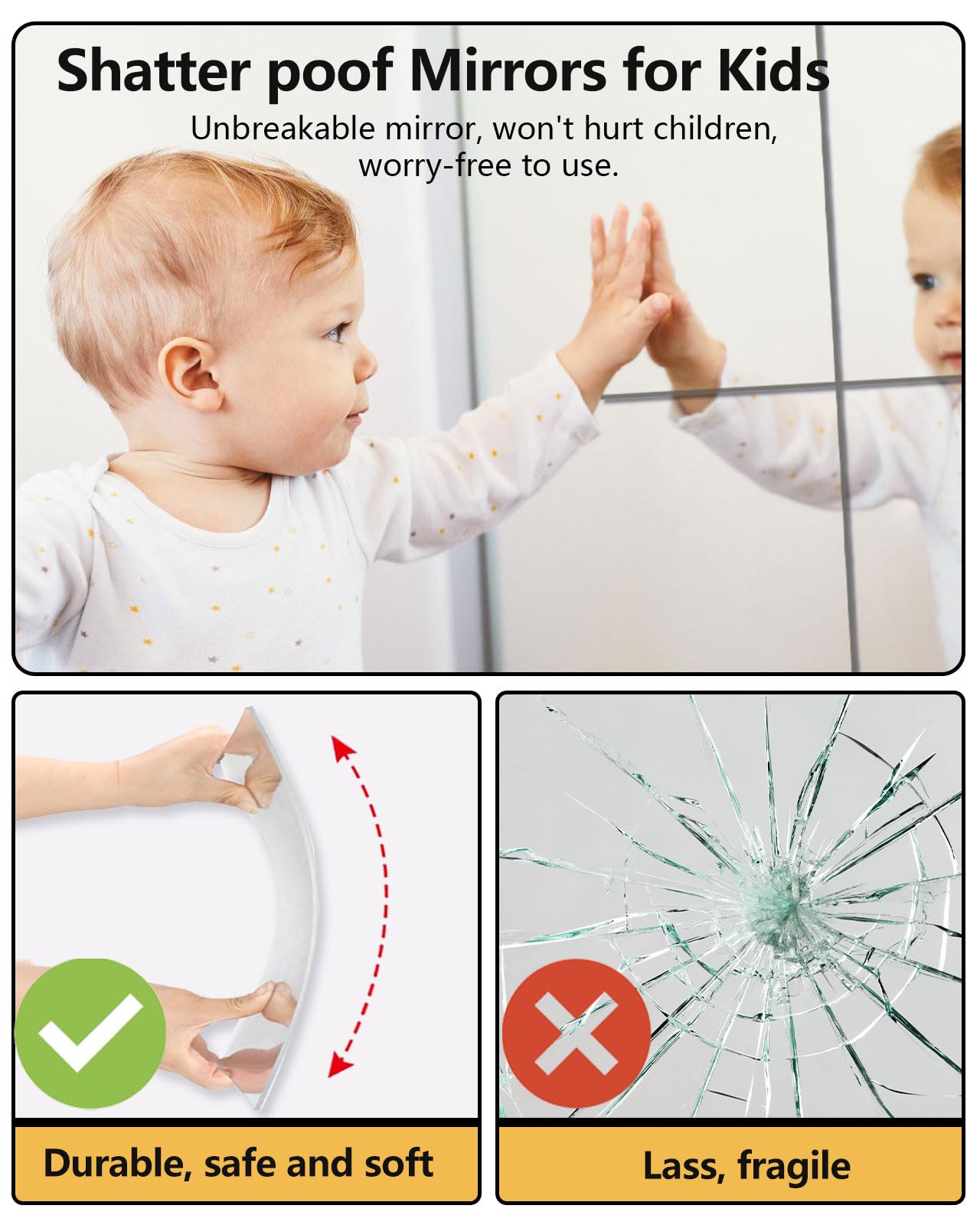 Shatterproof Acrylic Mirror Tiles – 4-Pack Wall Stickers for Kids, Home Gym, Bedroom & Bathroom, Easy Peel-and-Stick Decorative Mirrors with Double-Sided Tape (Silver,8