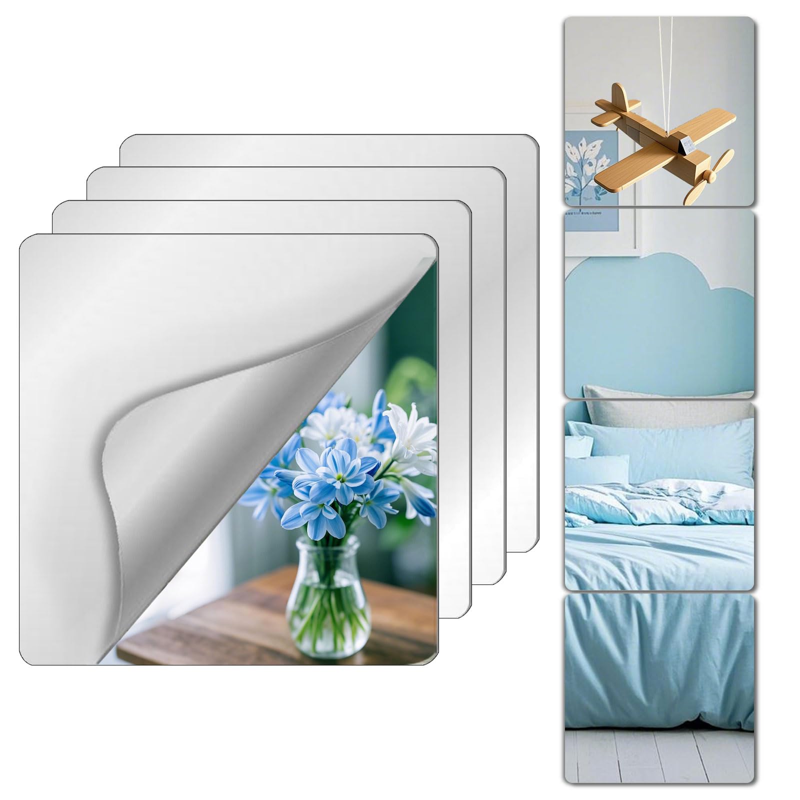 Shatterproof Acrylic Mirror Tiles – 4-Pack Wall Stickers for Kids, Home Gym, Bedroom & Bathroom, Easy Peel-and-Stick Decorative Mirrors with Double-Sided Tape (Silver,12