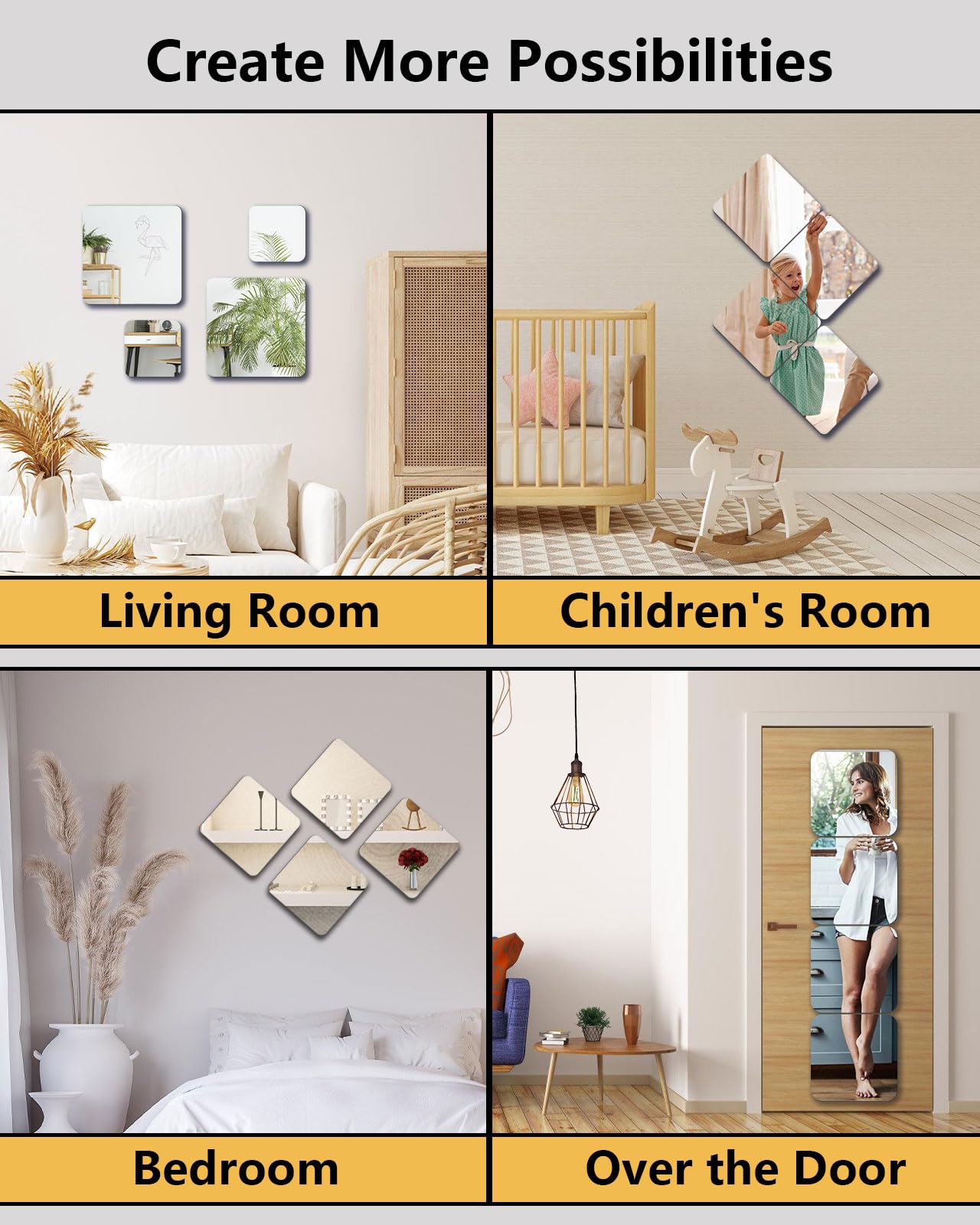 Shatterproof Acrylic Mirror Tiles – 4-Pack Wall Stickers for Kids, Home Gym, Bedroom & Bathroom, Easy Peel-and-Stick Decorative Mirrors with Double-Sided Tape (Silver,12