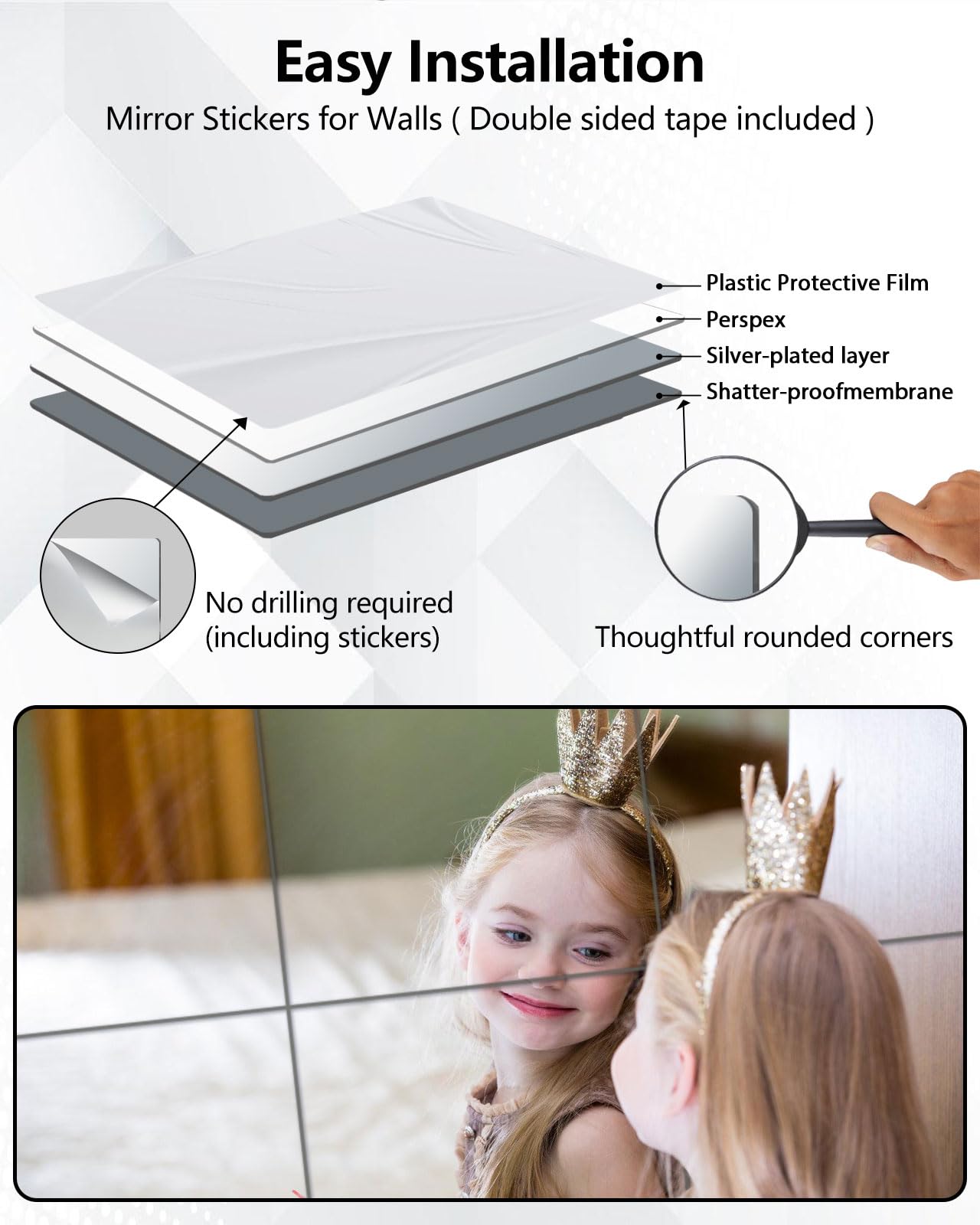 Shatterproof Acrylic Mirror Tiles – 4-Pack Wall Stickers for Kids, Home Gym, Bedroom & Bathroom, Easy Peel-and-Stick Decorative Mirrors with Double-Sided Tape (Silver,12