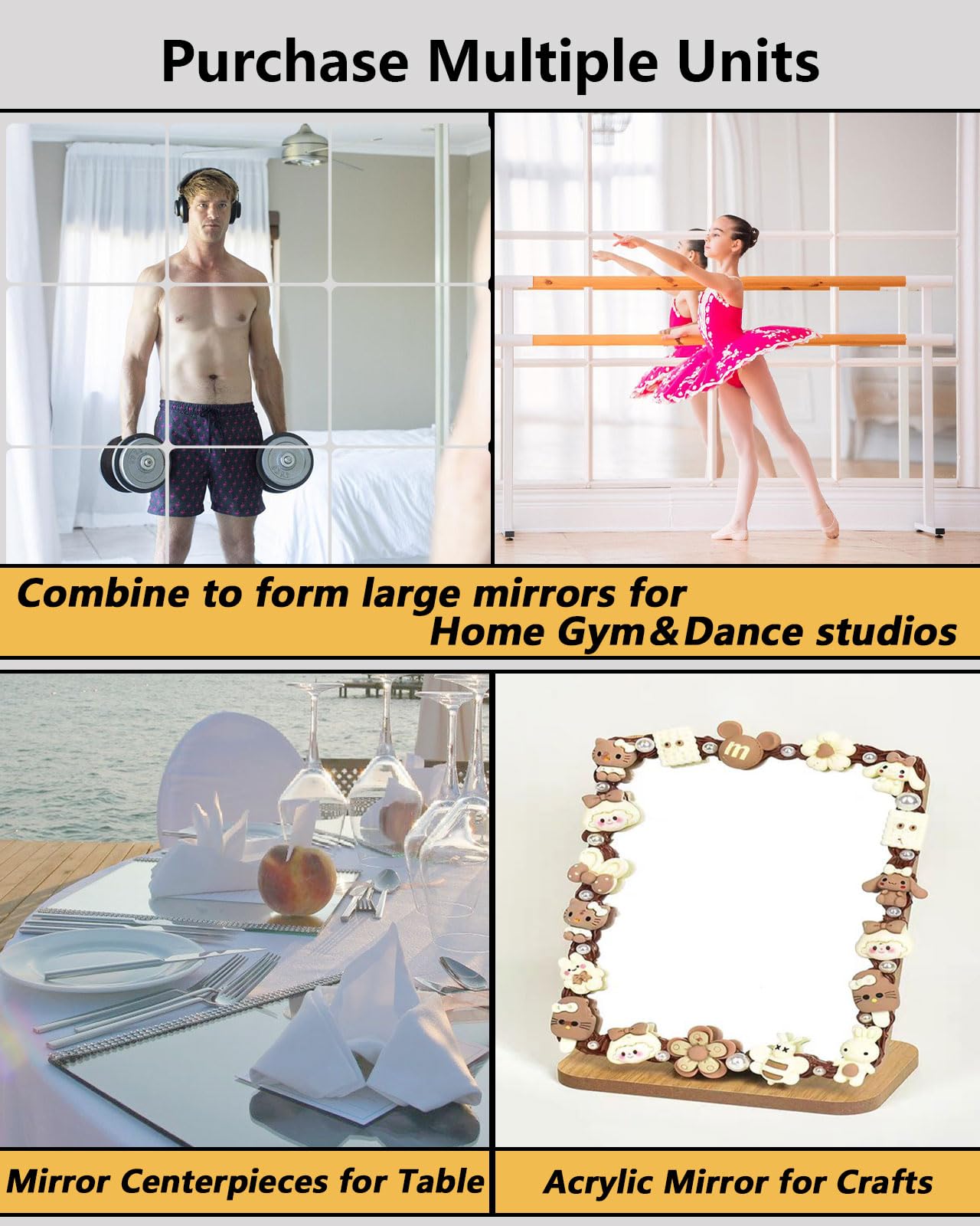 Shatterproof Acrylic Mirror Tiles – 4-Pack Wall Stickers for Kids, Home Gym, Bedroom & Bathroom, Easy Peel-and-Stick Decorative Mirrors with Double-Sided Tape (Silver,16