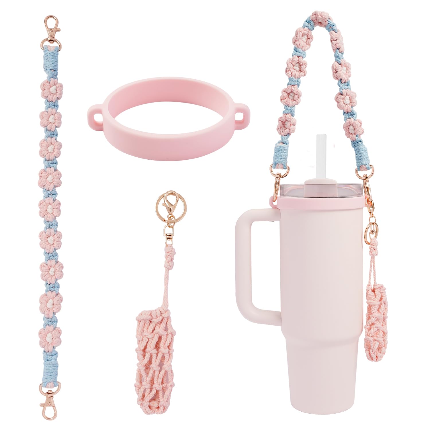 Hand-Woven Flower Water Bottle Strap with Silicone Ring 41cm/16.14 inch – Universal Cup Holder for 14oz, 30oz, and 40oz Stanley Tumblers, Adjustable Shoulder Strap with Rose Gold Clips and Net Pouch (Pink) - Image 1